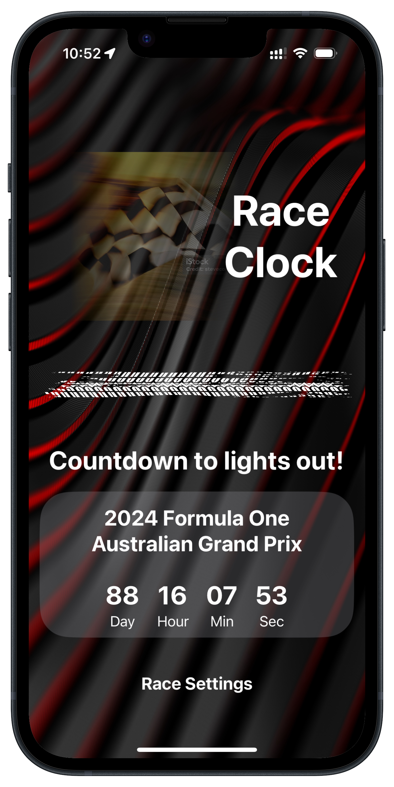 RaceClock mobile app interface showing race countdown